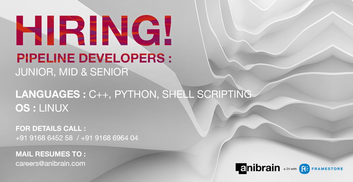 AnibrainVFX's tweet image. Are you an experienced #pipelinedeveloper in VFX production pipeline technology? Good at designing, developing &amp;amp; maintaining custom software tools + components? Write Shotgun Python API scripts &amp;amp; have  knowledge of C++ and Tactic Framework ? 

#anibrain #framestore #vfxjobs
