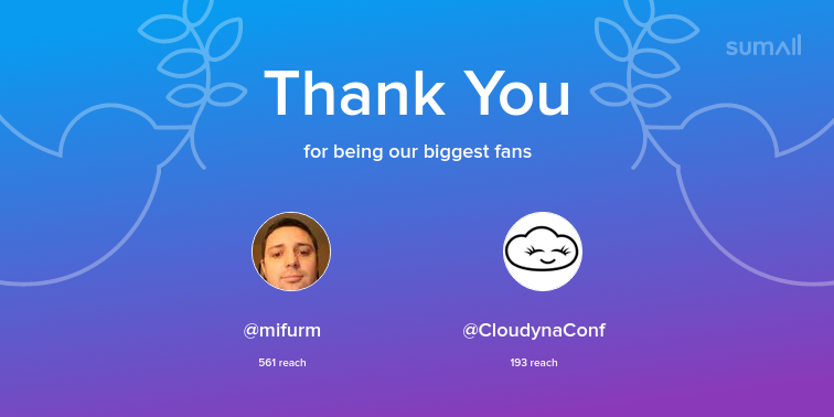 Our biggest fans this week: mifurm, CloudynaConf. Thank you! via sumall.com/thankyou?utm_s…