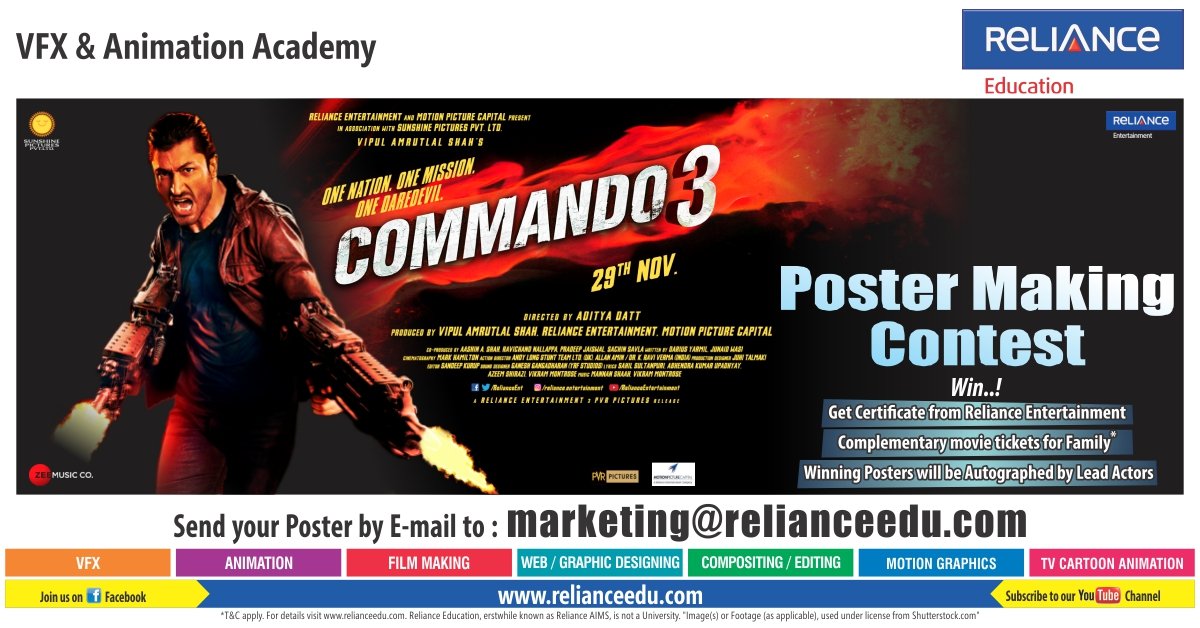 POSTER MAKING CONTEST !!...
MAKE POSTER & WIN *FREE TICKET FOR FAMILY - COMMANDO 3 !!
WINNING POSTERS WILL BE AUTOGRAPHED BY LEAD ACTORS !!...
*Contest is open for Reliance Education Students Only

#COMMANDO3 #RelianceEntertainment #RelianceEducation #RelianceAnimation