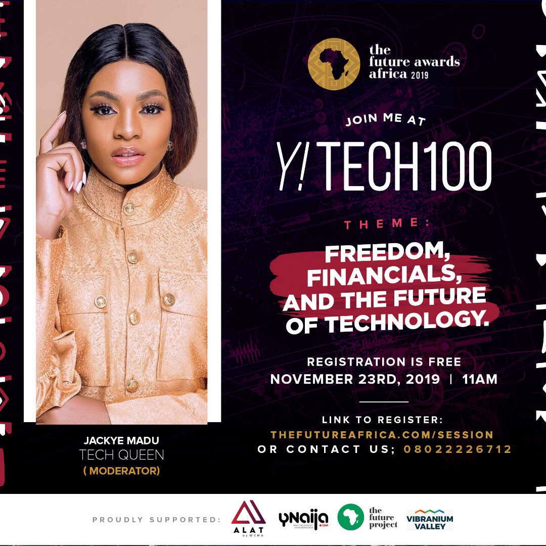 supermadujackie's tweet image. I will be present live moderating a special panel at the Y! TECH 100 organized by @TFAAfrica theme: FREEDOM FINANCIALS &amp;amp; THE FUTURE OF TECHNOLOGY this Saturday the 23rd of November 2019. Register for free to attend. #tfaa #tfaa2019 #convrsa #thecontentmannetwork