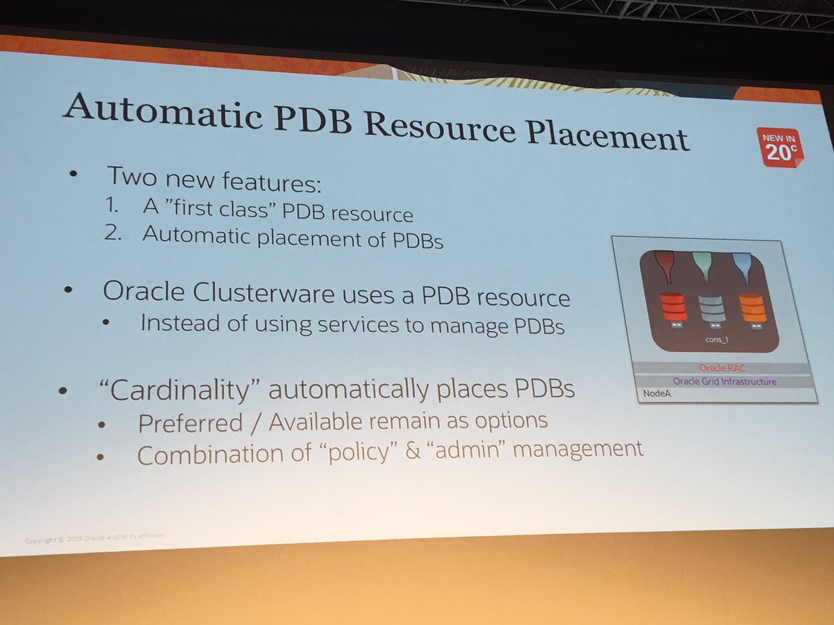 DBAMarco's tweet image. Policy Managed #oracle #database will be back at PDB level in 20c announces @OracleRACpm at #DOAG2019