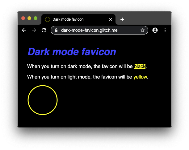 Demo app running in dark mode, showing the dark mode favicon being used.