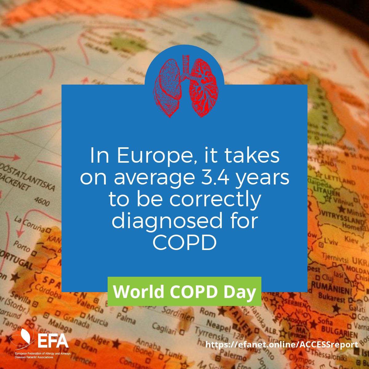 EFA_Patients's tweet photo. Did you know that in #Europe it takes on average 3,4 years to be diagnosed with #COPD? That is a long time that could already be used for therapy, slowing down disease progression. #WorldCOPDDay #WCOPDD @gold_copd https://t.co/VGlJ2BDBN3