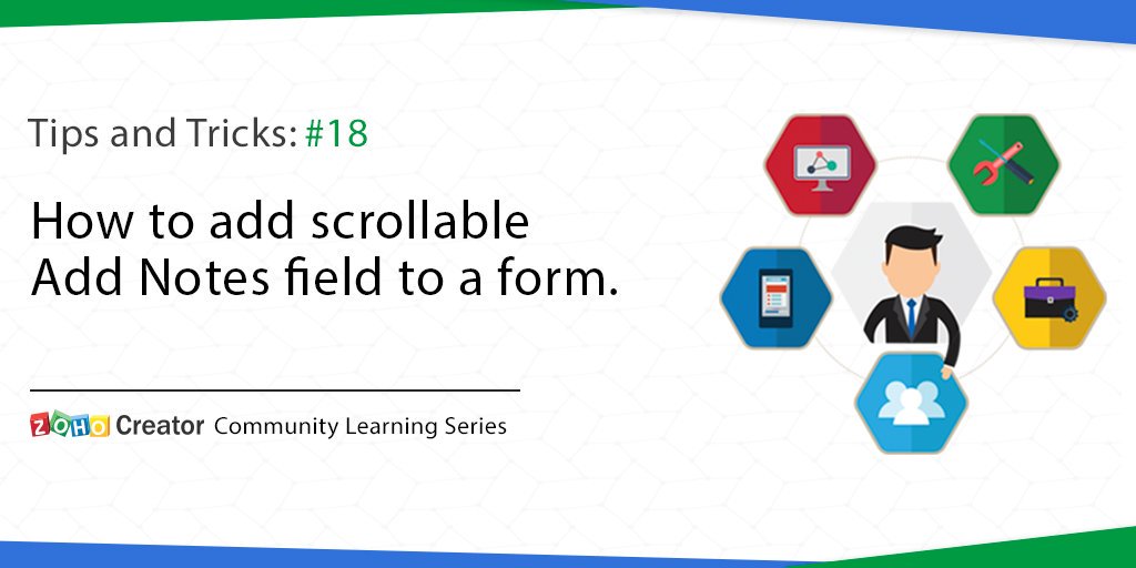 ZohoCreator's tweet image. Check out our new tip on scrollable Add Notes fields! 
They&apos;re useful when you have to provide detailed instructions or information to users, such as terms and conditions, but you also don&apos;t want your form to get too long.

Here&apos;s how: zoho.to/TipsandTricks18

#ZohoCreatorTips