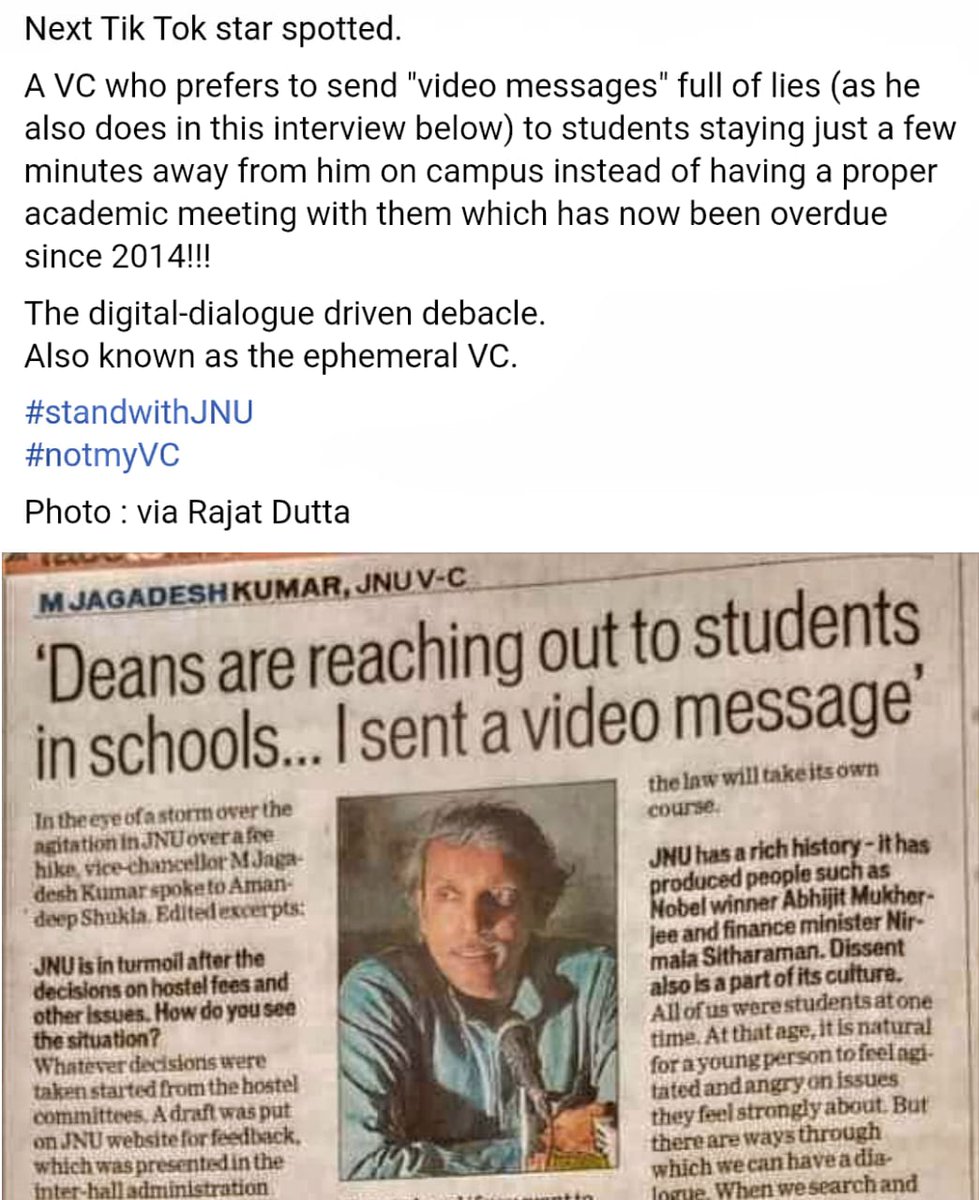 supercayt's tweet photo. @mamidala90 @IndiaToday @mamidala90 the Tik Tok star.

A VC who does not believe in dialogue but post-digital post-apocalyptic ephemeral appearances.

@mamidala90 leave JNU!

#StandWithJNU #JNUFact #JNUFreeForAll https://t.co/dgJ1t6UjWX