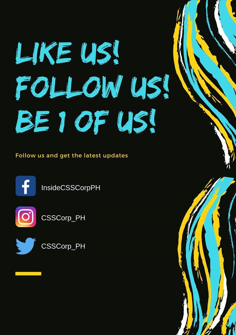 CSSCorp_PH's tweet photo. Don't miss out on us! Like and follow our Social Media pages to get the latest update! 👍🎉 https://t.co/fG5p3TWnQN