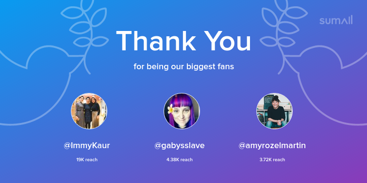 Our biggest fans this week: ImmyKaur, gabysslave, amyrozelmartin. Thank you! via sumall.com/thankyou?utm_s…