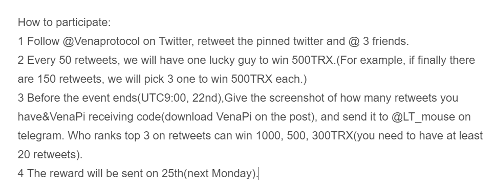VenaProtocol's tweet image. 6000TRX event!!!!
How to participate:
Follow us on Twitter, retweet this twitter and @ 3 friends! And you will have chance to win TRX! See the photos to check the detail！