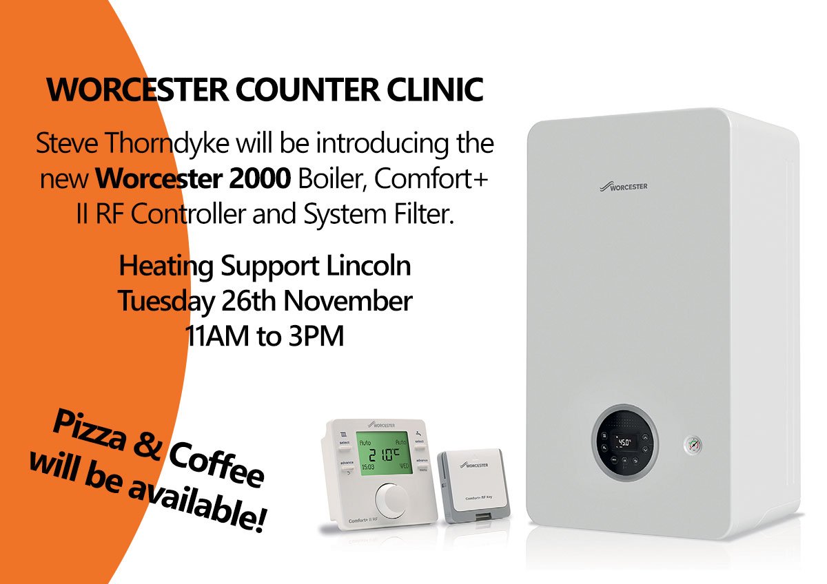 HeatingSupport's tweet photo. WORCESTER COUNTER CLINIC

@WorcesterBosch's Steve Thorndyke will be at our Lincoln branch to introduce the new Worcester 2000 Boiler, Comfort+ II RF Controller and System Filter.

Heating Support Lincoln
Tuesday 26th November
11AM to 3PM

Pizza and Coffee will be available! https://t.co/yxX0HQ95xM