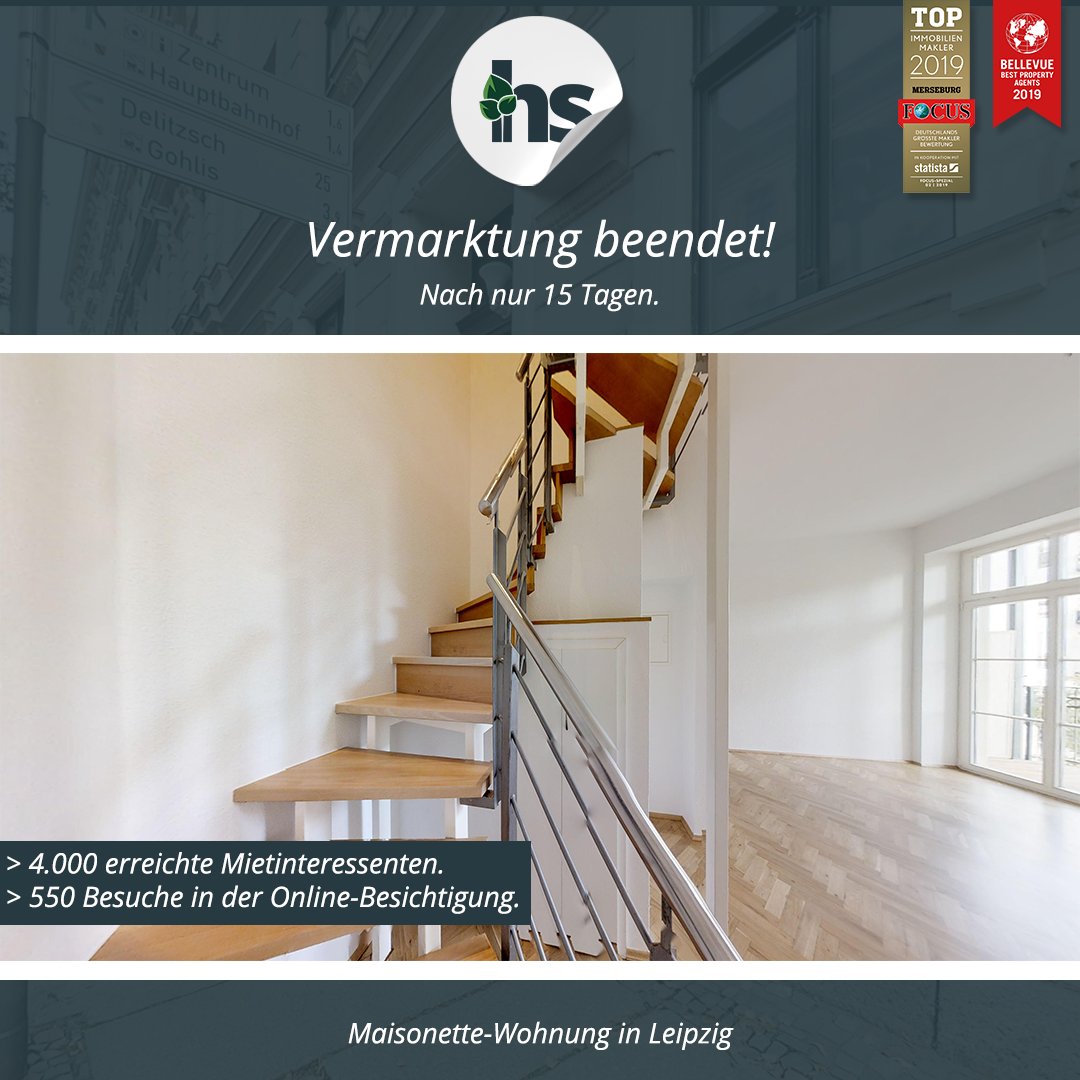 YES! ✅ Nach nur 15 Tagen beenden wir die Vermarktung einer Maisonette-Wohnung in Leipzig. 😎

&gt; 4.000 erreichte Mietinteressenten 👨‍👩‍👧
&gt; 550 Besucher in der Online-Besichtigung 🎥

📍 Leipzig, Waldstraßenviertel

#leipzig #waldstraßenviertel #immobilien #hsimmobilienberatung