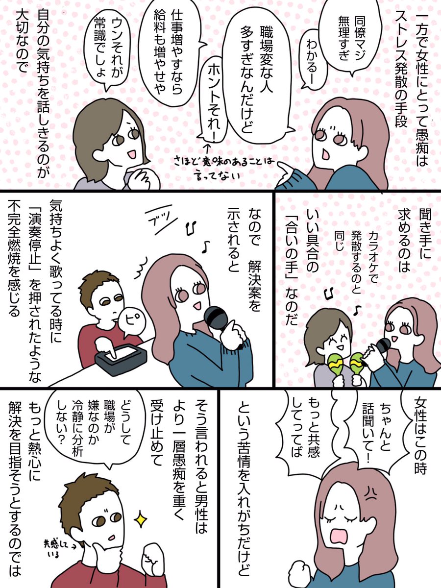 「愚痴を聞いてくれない彼氏・夫」「愚痴をちゃんと聞いてるのに、聞いてない!と怒る彼女・妻」には、こういうことが起きてるんでは?という漫画です。
価値観の違いが邪魔をして、うまく優しさが伝わらない事って結構ありますよね。
 