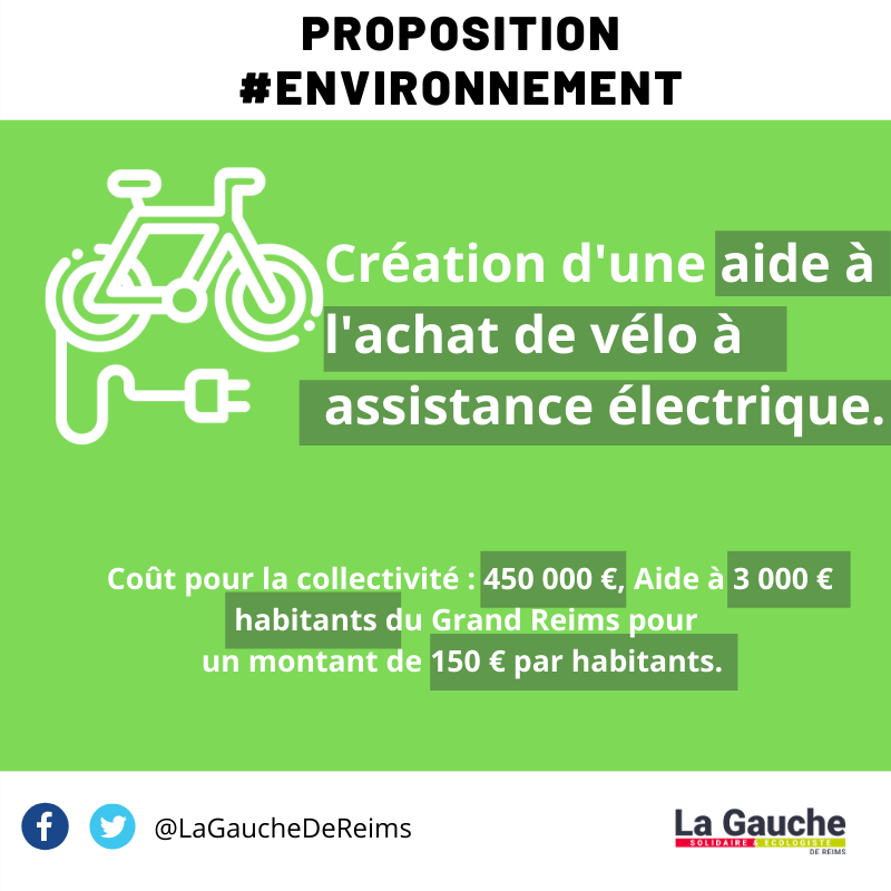 LaGaucheDeReims's tweet photo. Nous avons également proposé la création d'une aide à l'achat de vélo à assistance électrique de 150€ qui pourrait bénéficier à 3 000 hbts du #GrandReims . Cela ne pourrait qu'inciter les habitants à faire leur déplacement à vélo plutôt qu'en voiture. #Reims @stephanejoly https://t.co/dbq70mdUUN