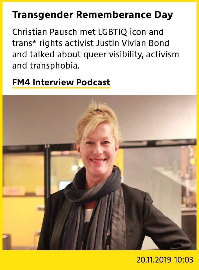 mxjustinVbond's tweet photo. Today is Trans Day of Remembrance. To mark the occasion I sat down for a chat with @radiofm4. Sending love from Vienna! ✨💖✨ #transdayofremembrance #transisbeautiful #transawarenessweek2019 #glamourisresistance #thefutureisnonbinary https://t.co/I1BWfJ0sXd https://t.co/81UZ7JNlYz