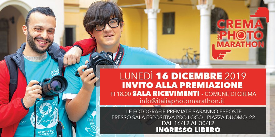 Pronti per conoscere i vincitori ✨🏆 della #CremaHalfPhotoMarathon??
Siete tutti invitati Lunedì 16 Dicembre alle ore 18 presso la Sala Ricevimenti del Comune di Crema 🤩
Le fotografie premiate saranno esposte presso la Sala Pro Loco - Piazza Duomo 22, dal 16/12 al 30/12! 📸