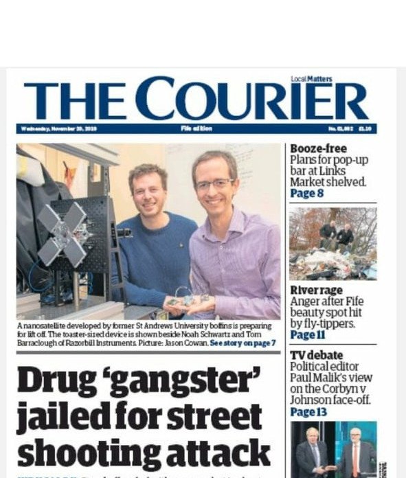 Guess which 'St Andrews University boffins' made it onto the front page of The Courier today? PS we are actually not 'drug gansters', honest! tinyurl.com/yx3qv7qo <a href="/ScotEntNews/">Scottish Enterprise News</a> <a href="/univofstandrews/">University of St Andrews</a> #startups #cubesats #space #satelites