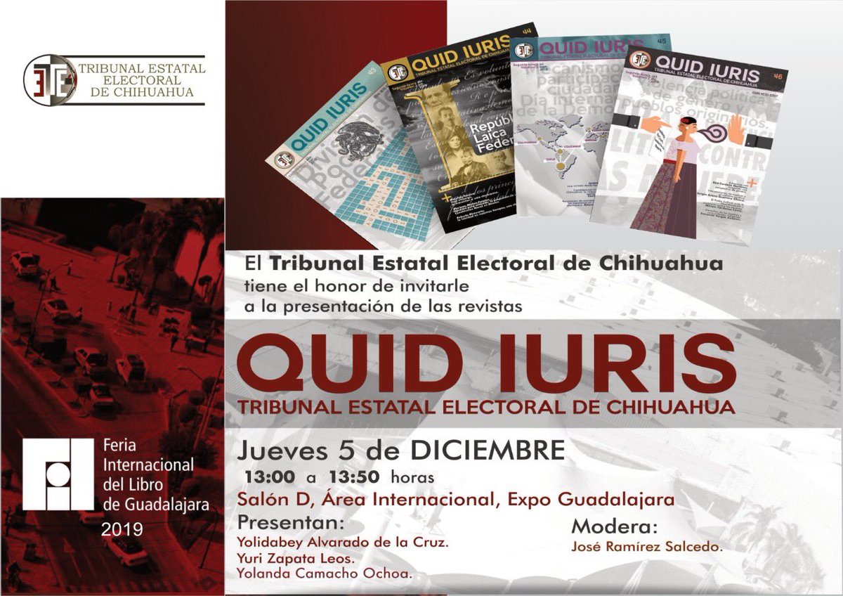 📚Mañana en la <a href="/FILGuadalajara/">FIL Guadalajara</a> tendré el honor de presentar junto con <a href="/YolaCamachoa/">Yolanda Camacho Ochoa</a>, <a href="/victoryuri_zl/">Victor Yuri Zapata</a> y <a href="/JoseRamSal/">José Ramírez Salcedo</a> los 4 números de la revista ⁦<a href="/Quid_Iuris/">Quid Iuris</a>⁩ 2019. ⁦

🗓 5 de diciembre 2019
🏛Salón D. Área Internacional Expo Guadalajara. 
⏰13:00