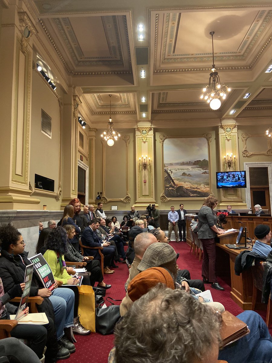CTUL_TC's tweet photo. Weโre here at Minneapolis City Hall for the final public hearing regarding @Jacob_Frey โs proposed budget. Stay tuned for lives updates! #FundCommunities #NotCops https://t.co/0i0Rwb0H9w