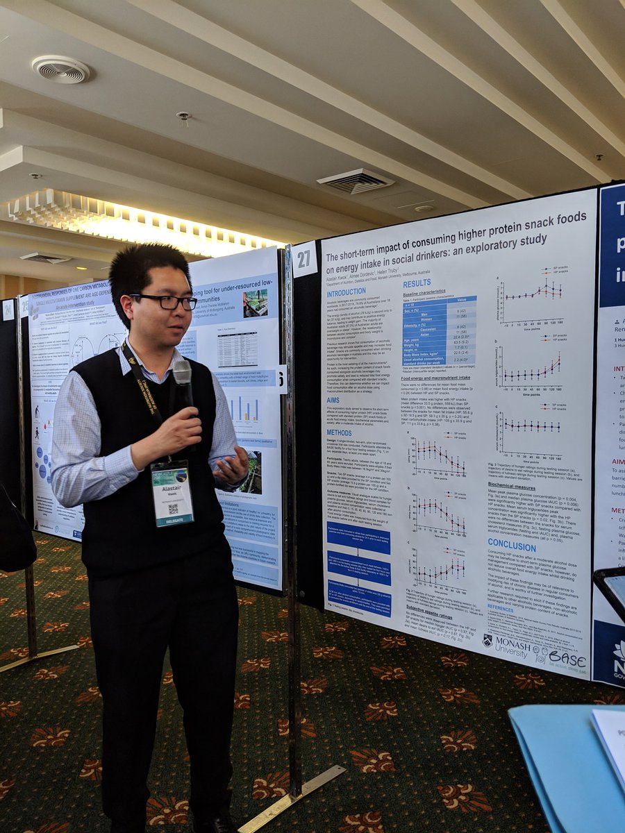 After 2 glasses of white wine🥂, a high protein snack was able to reduce post-meal glucose response compared to a typical Aussie snack. Alastair's study suggests a direction for ongoing research in alcohol &amp; snacking. #cheers <a href="/nutsocaus/">NSA</a> <a href="/MonashNutrition/">Monash Nutrition</a> #nsaasm2019
