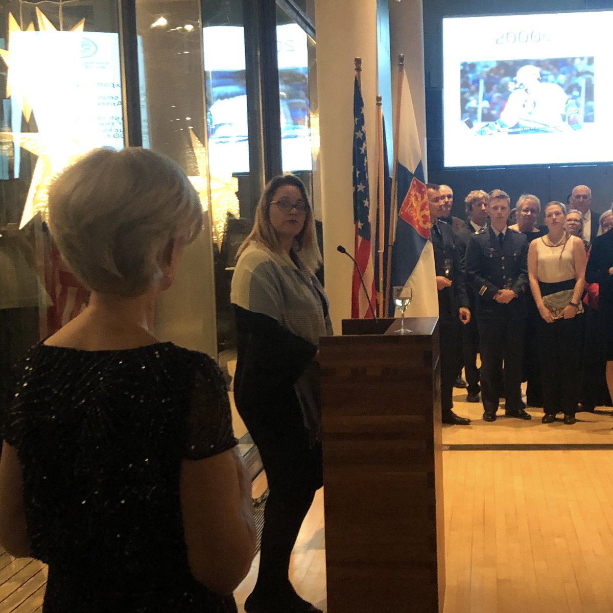 FinlandinUSA's tweet photo. Time to honor Finland’s Independence Day! Amb @KirstiKauppi highlighted importance of partnerships, success of #EU2019FI, commemorated the 80th anniversary of #WinterWar and extended thanks to our American friends for the cooperation on #FINUS100 diplomatic relations’ centennial https://t.co/RAIwhFRUuM