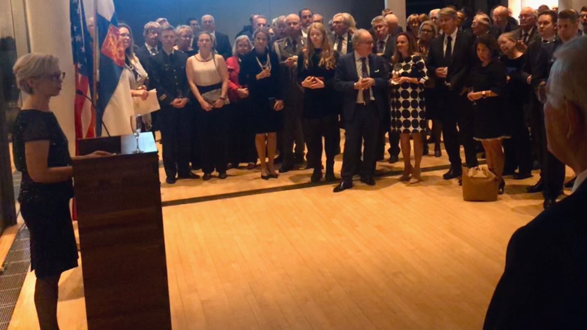 FinlandinUSA's tweet photo. Time to honor Finland’s Independence Day! Amb @KirstiKauppi highlighted importance of partnerships, success of #EU2019FI, commemorated the 80th anniversary of #WinterWar and extended thanks to our American friends for the cooperation on #FINUS100 diplomatic relations’ centennial https://t.co/RAIwhFRUuM