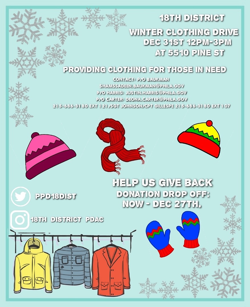 Help us give back to those in need. It's going to be a cold winter let's share a little warmth. Donations can be dropped @ 5510 Pine st NOW-DEC 27TH   <a href="/PPDMGillespie/">Matthew Gillespie</a> @PPDDerrickWood <a href="/SenTonyWilliams/">Anthony Hardy Williams</a> <a href="/RepMcClinton/">Rep. Joanna McClinton</a> <a href="/FOX29philly/">FOX 29</a> <a href="/WestPhillyLocal/">West Philly Local</a> @CBSPhilly <a href="/ucdphl/">University City</a>
