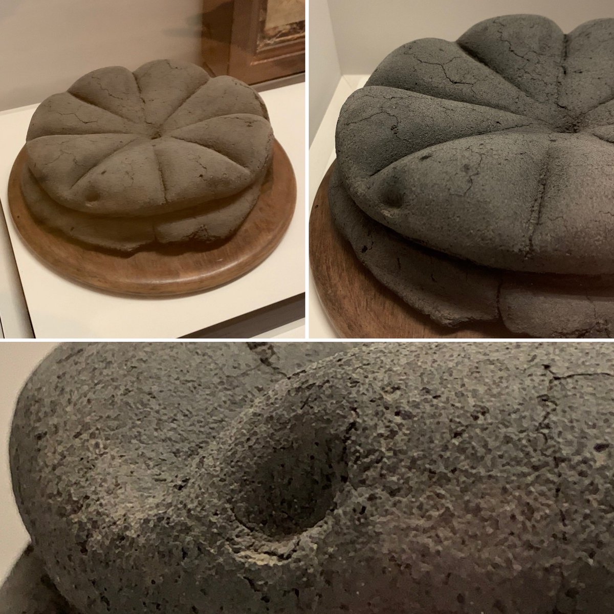 TavolaMed's tweet image. Ashmolean ‘Last Supper in Pompeii’ exhibit highlight: this 2,000 y.o. production flaw on the panis quadratus on display. It occurred prior to the loaf being baked. Baker’s finger-tip, perhaps? #LastSupperInPompeii #Ashmolean #ThingsThatMakeYouGoHmm