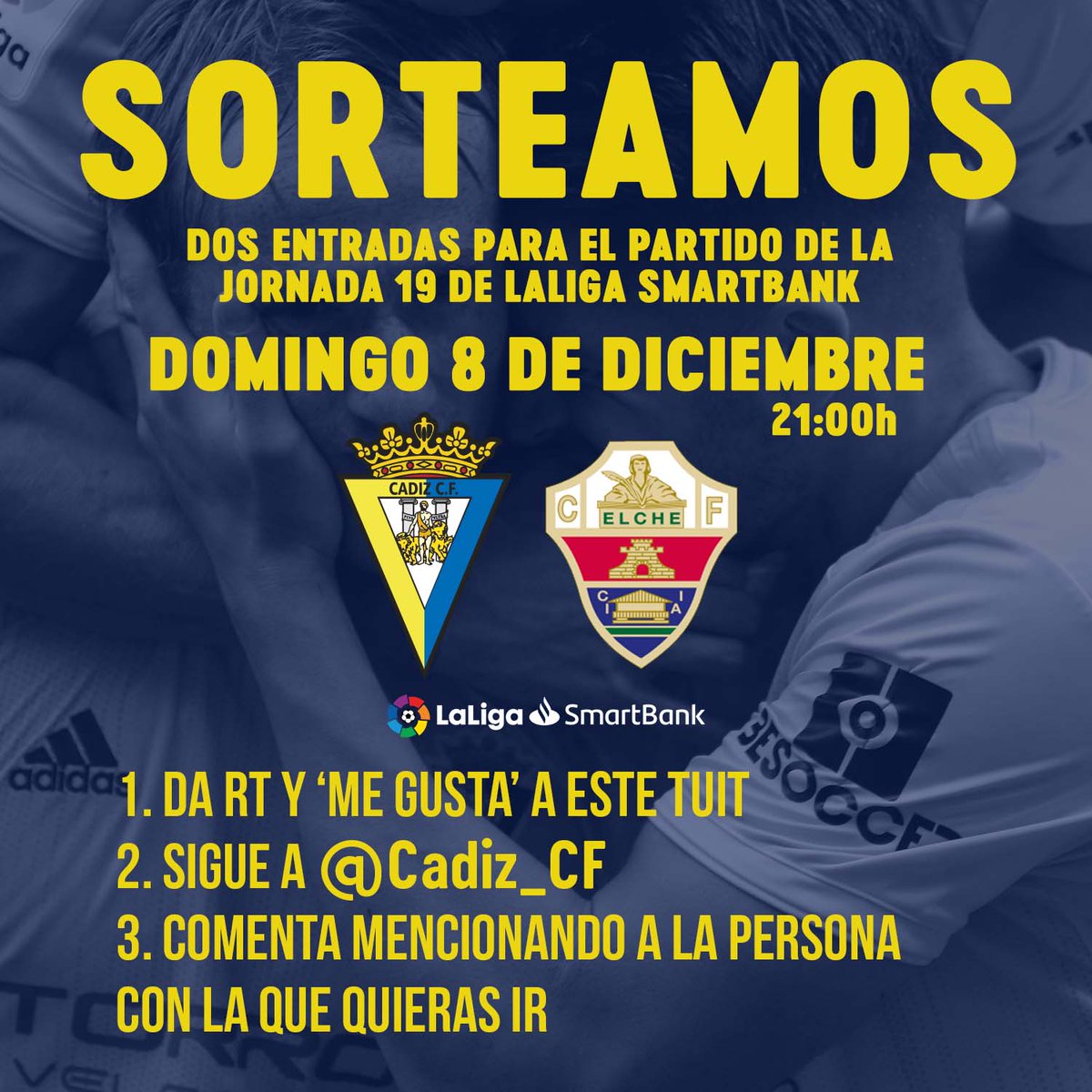 💥💛💙 ¡AQUÍ ESTÁ EL SORTEAZO PARA NUESTROS CADISTAS DE TWITTER! 🥰

¿Quién quiere ir GRATIS al #CádizElche del domingo? 

1️⃣ Da RT y 💛 a este tuit
2️⃣ Asegúrate de seguir nuestra cuenta <a href="/Cadiz_CF/">Cádiz Club de Fútbol</a>
3️⃣ Comenta mencionando a la persona con la que te gustaría ir.