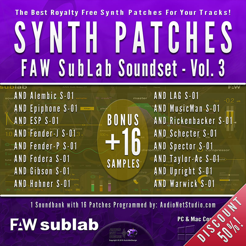 AudioNetDesign's tweet image. 50% OFF! Intro Price! #Synthpatches for @FAWorkshop
#sublab #bass #subbass Vol.3 + Bonus 16 #samples ; #synth #VSTSynth #synthesizer #virtualsynth #alembic #fender #fodera #gibson #hohner #taylor #warwick #schecter #upright #lag
audionetdesign.com/product/synth-…