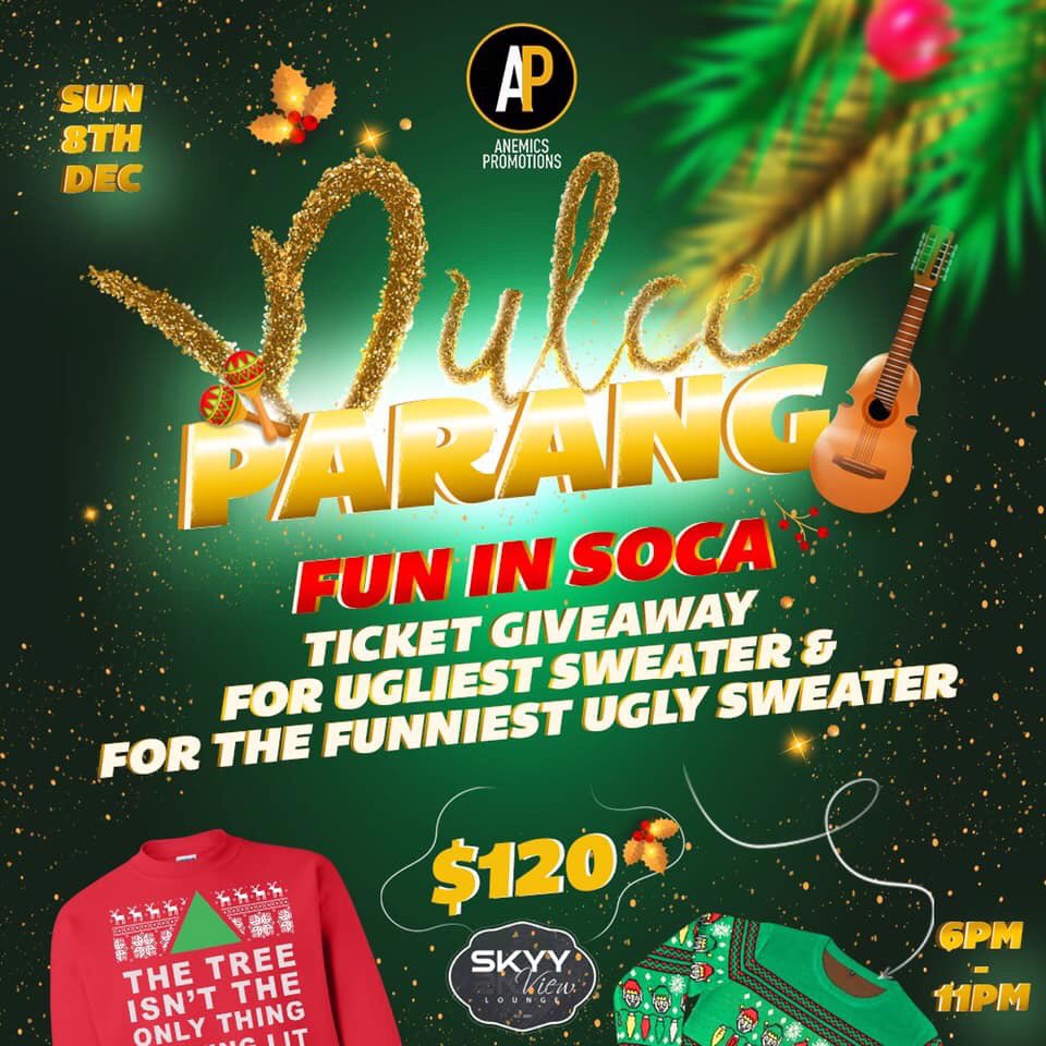 anemicstt's tweet photo. TICKET GIVEAWAY 📡
.
We’re Giving Away Fun In Soca Tickets This Coming Sunday 8th Dec. At Dulce Parang 🙌🏾
.
One for The Ugliest Sweater & Another For Funniest Ugly Sweater 👏🏾
.
Ticket Price : $120
.
Do You Have What It Takes To Win 👀
#AnemicsPromotions
#DulceParang
#FunInSoca https://t.co/Fmzt2vfjC5