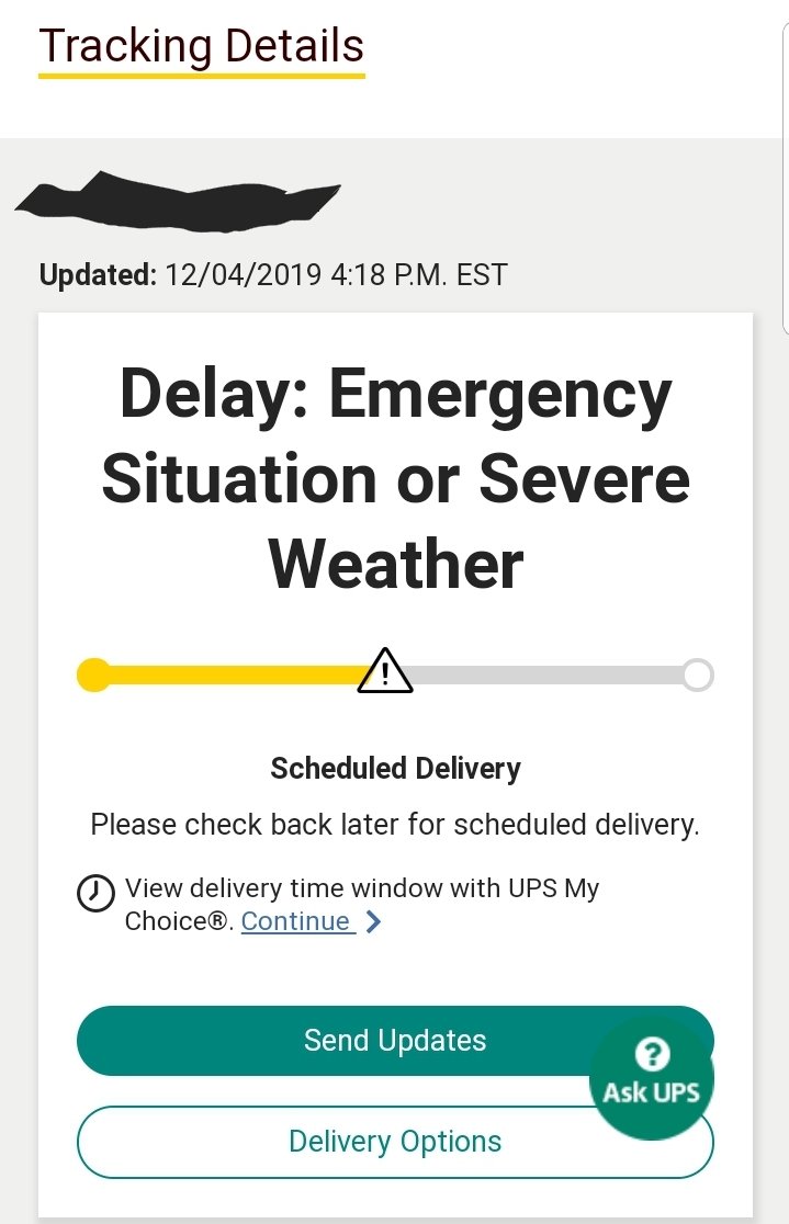 Wirenut434's tweet image. Do yourselves a favor and don't use @UPS for any of your holiday shipping needs. We have something like this happen with almost every package now. It's sunny and beautiful out today and no emergencies in the area that I'm aware of. Customer support had no explanation... 🤔😡