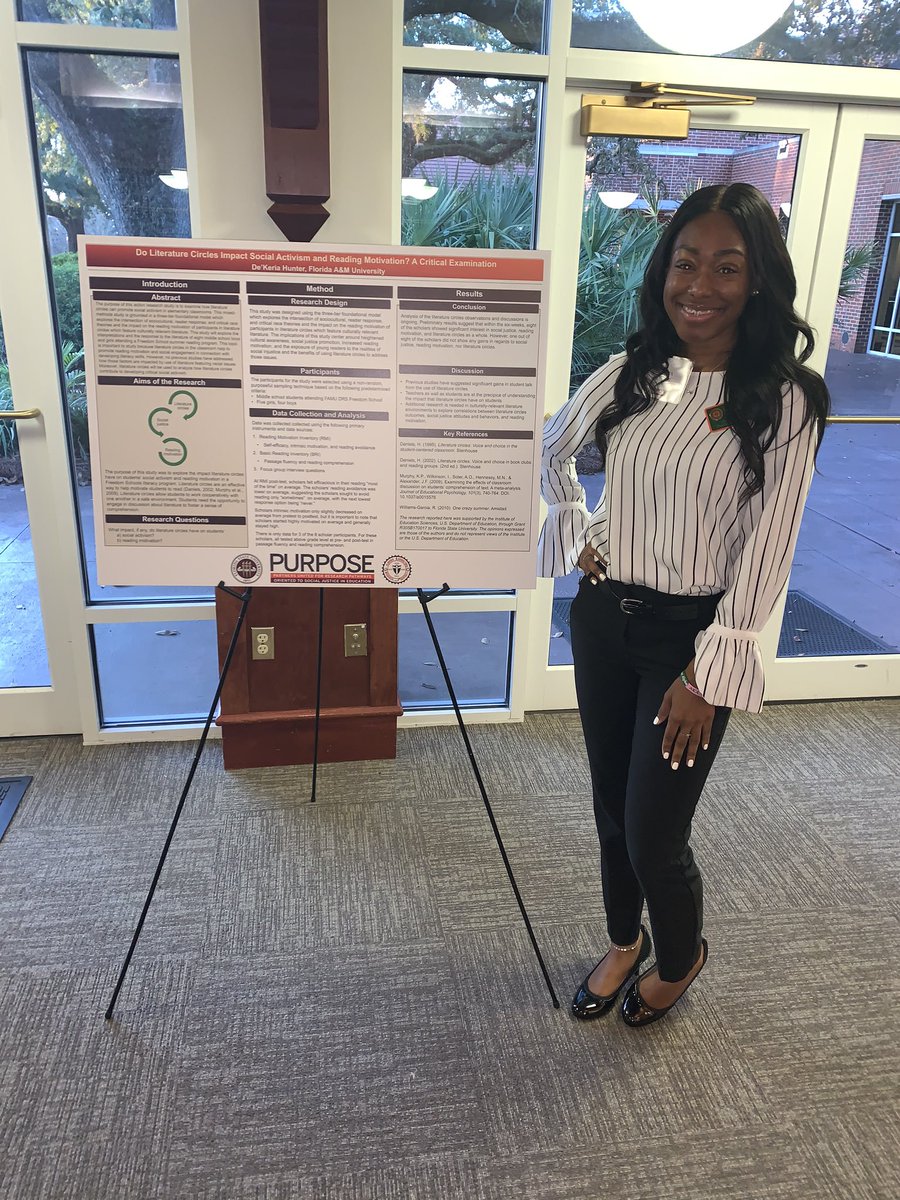 FAMU_COE's tweet photo. #rattlereducators Are on the move! Congratulations to Miss De'Keria Hunter on her research presentation entitled βDo Literature Circles Impact Social Activism and Reading Motivation?:A Critical Examinationβ at the PURPOSE research conference! That is a #strikehigher! https://t.co/XEakz518xY
