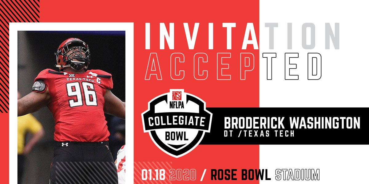NFLPABowl's tweet photo. Welcome to #Pasadena | The #NFLPABowl would like to welcome @TexasTechFB DL Broderick Washington (@B_Washington96).
 
BW's a scout favorite due to his ability to penetrate &amp; wreak havoc in the backfield, evidenced by his 13.5 career TFLs and 6.5 sacks! #WreckEm #MakeYourMarkinLA https://t.co/mI8MSLj94D