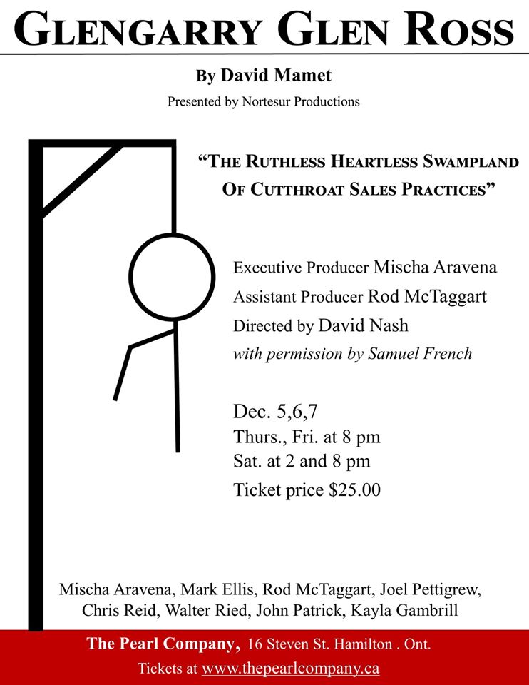 Glengarry Glen Ross: One weekend only! This sterling production of the Pulitzer Prize winning dramatic comedy is cut short because actor Mischa Aravena has an offer from Disney! Tix avail Dec 5 - 7. Matinee @ 2 on Sat. All other shows at 8pm. - mailchi.mp/thepearlcompan…