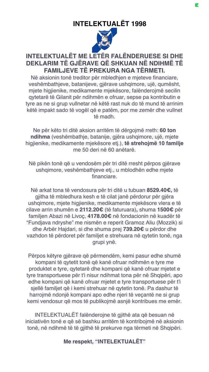 int1998's tweet photo. Aktiviteti i jonë në ndihmën e familjeve në Shqipëri pas tragjedisë.

#intelektualët1998 https://t.co/u2aInDga4z
