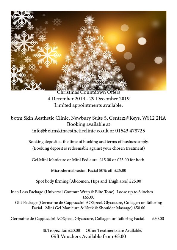 botmSkinClinic's tweet photo. Merry Christmas #OfferSeason #beautytreatments #cannock A selection of offers so you can be fabulous for the party season instead of post festivities. https://t.co/nlXZh11nwC