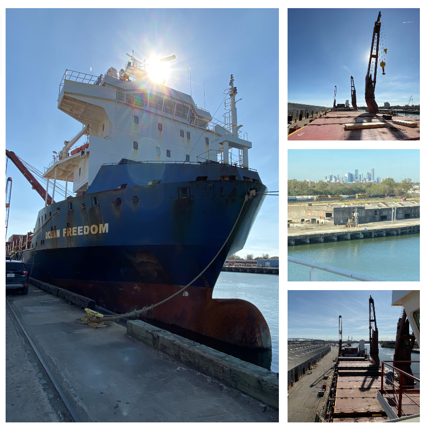 usoceanllc's tweet photo. The M/V Ocean Freedom at Jacintoport in Houston, Texas. #shipping #chartering #breakbulk #usocean #usflag #maritime #heavylift #portsandterminals #shipsandshipping #shipsinpics #maritimeindustry #houston https://t.co/K1wbgqE5J5