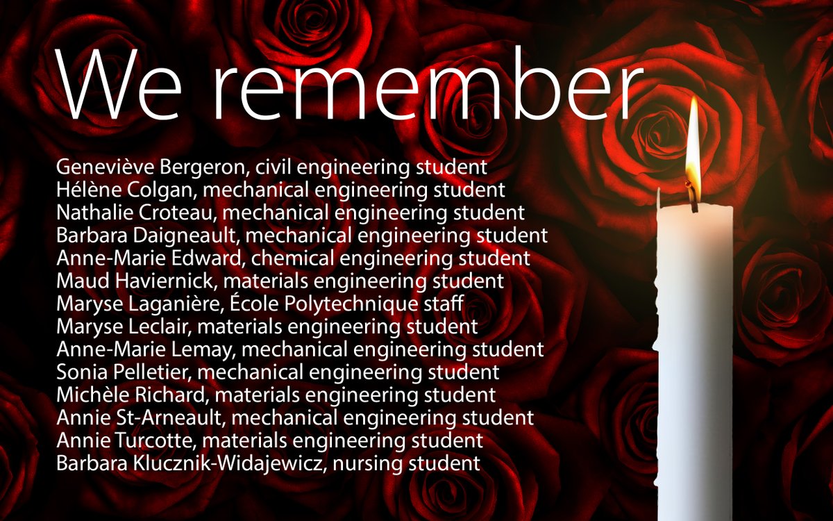 SmithEngQueens's tweet image. Today is National Day of Remembrance &amp;amp; Action on Violence Against Women. 30 years ago, 6 Dec 1989, 14 women were murdered because of their genders in a mass shooting at École Polytechnique. The December 6 Memorial Ceremony is scheduled for 3pm today in the ILC atrium @QueensU.