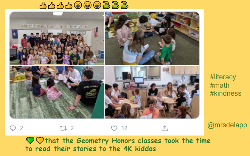 mrsbagwellmath's tweet photo. Day 3 - CRHS Geometry Honors class reading to the 4K class  #FMSD12Days #booksnap https://t.co/aJgtBdfRSc