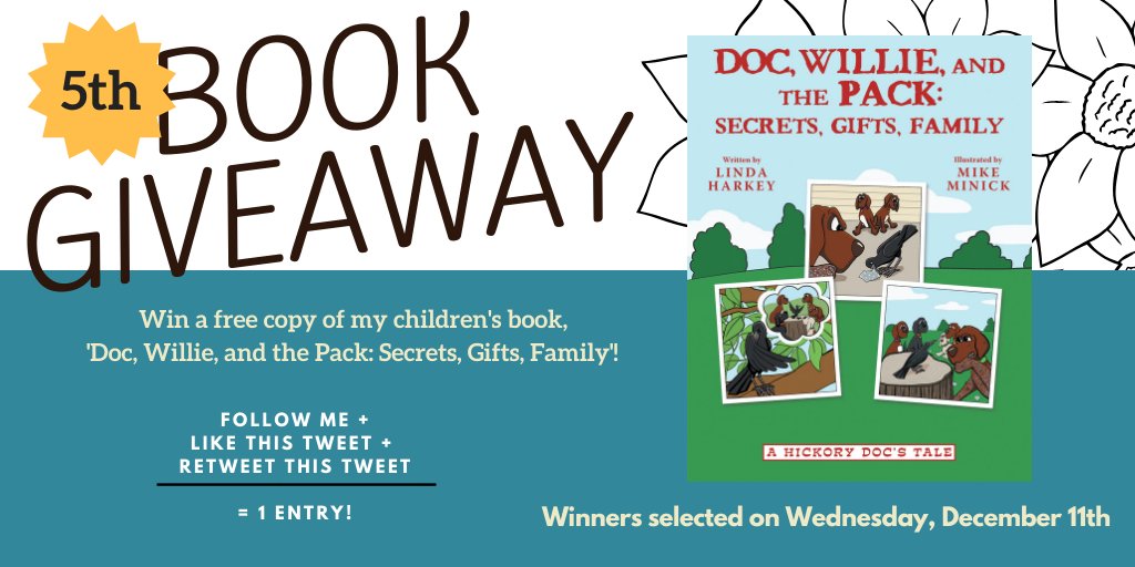 HarkeyBooks's tweet photo. 5th #KIDLIT BOOK GIVEAWAY!

For the holiday season, 3 free copies of my book, 'Doc, Willie, and the Pack: Secrets, Gifts, Family' are up for grabs!

FOLLOW ME + LIKE TWEET + RETWEET TWEET = 1 ENTRY! Winners announced on 12/11. Good luck!
#HickoryDocsTales #PictureBookBuzz https://t.co/cy1KygaKWW