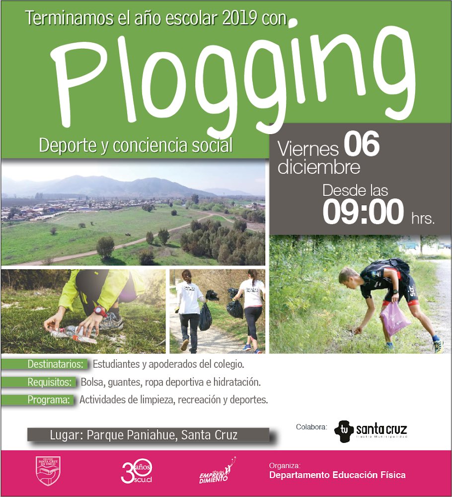 Este viernes 6/12 cerraremos el año escolar 2019 con un #Plogging en el Parque Paniahue de Santa Cruz. Deporte con Conciencia social <a href="/uncoefi/">Dpto. Edu. Fisica, Artes y Música</a> <a href="/UNCANOS/">CEAUNCO</a> <a href="/SantaCruzChile/">Santa Cruz de Chile</a> <a href="/uncoglobalizado/">Scu Globalizado</a> @Gob_Colchagua <a href="/MMAChile/">Ministerio del Medio Ambiente</a> <a href="/MMAChile/">Ministerio del Medio Ambiente</a>