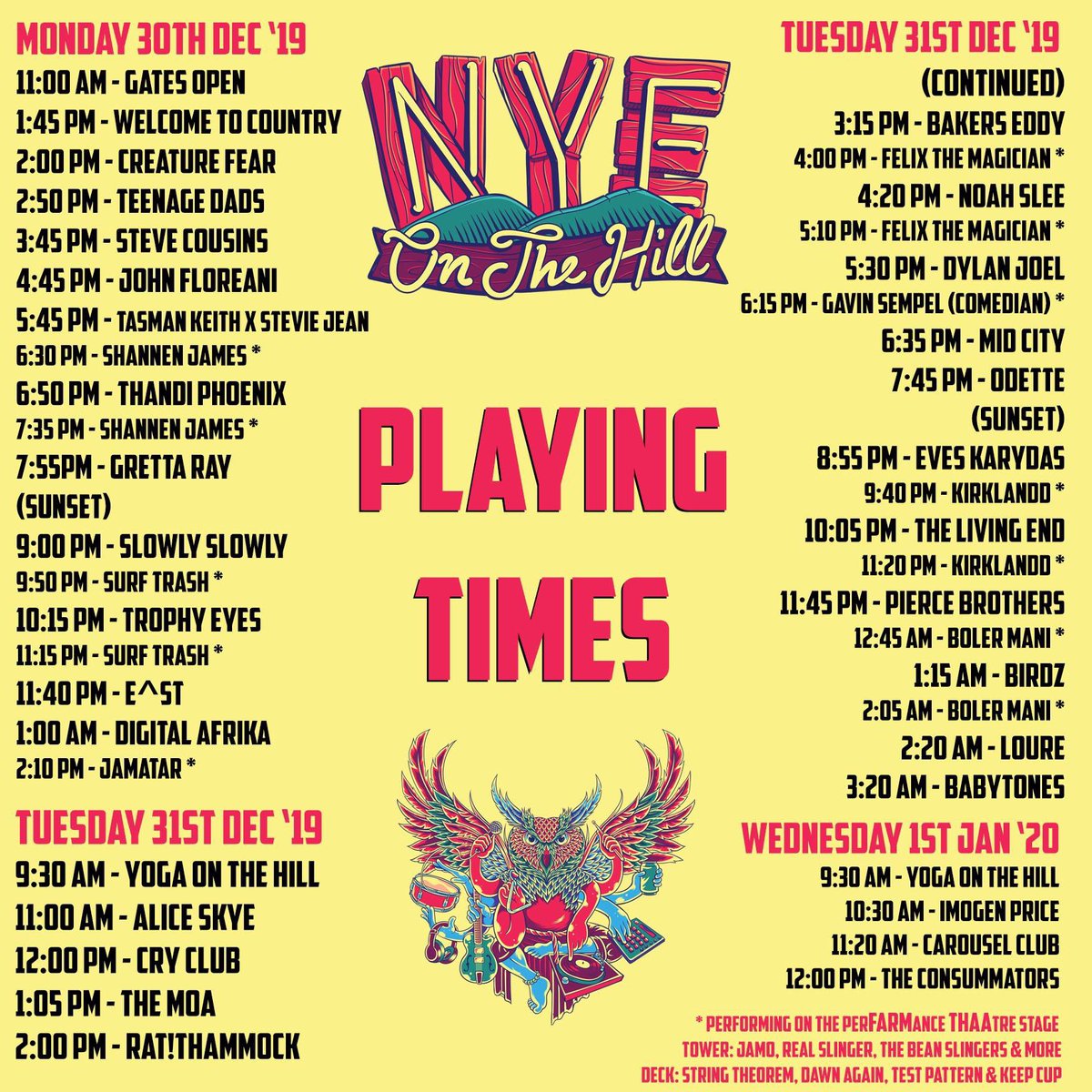 SET 🎉 TIMES are in!!

Good times are guaranteed. No clashes. BYO. A perfect musical journey. Let’s countdown together folks 🙌 <a href="/thelivingendaus/">The Living End</a> @pierce_brothers <a href="/trophyeyesmusic/">Trophy Eyes</a> <a href="/eveskarydas/">Eves Karydas</a> <a href="/slowlyslowlyAU/">Slowly Slowly</a> @grettaraymusic &amp; more!

FINAL TICKETS 💃🏻🍭 👉 bit.ly/NYEOnTheHill19
