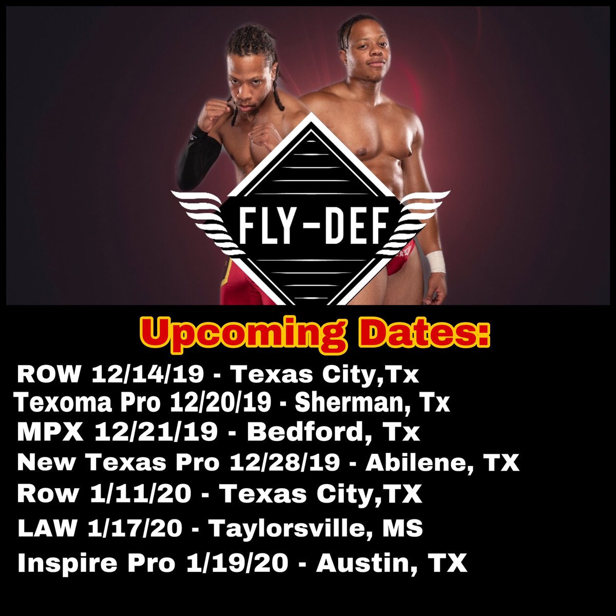 Now Boarding!! Don’t miss the jet! Come see FLY-DEF when we head to your town. @TheOfficialROW @MPXWrestling @NewTexasPW  @InspireProWres @TexomaPro