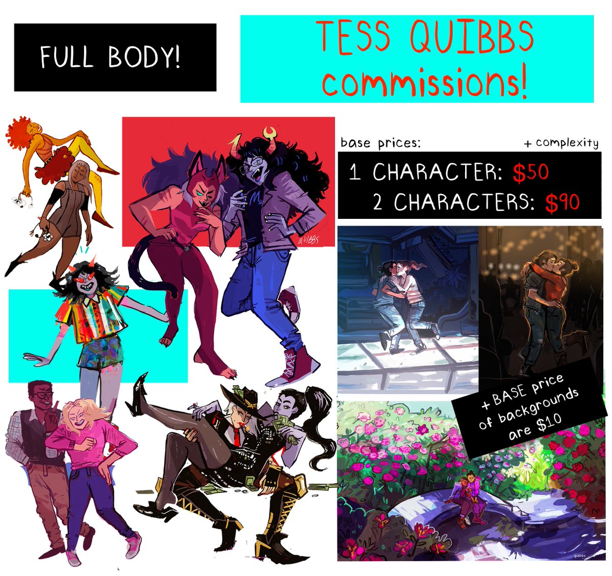 I UPDATED MY COMMISSION INFO!!! just tweaked some prices and stuff!

email me at quibblette@yahoo.com for questions and character details!!! ✨✨i have no commission slots, i just go ham✨✨

icons/portraits: $25/ half body: $35/ full body: $50 