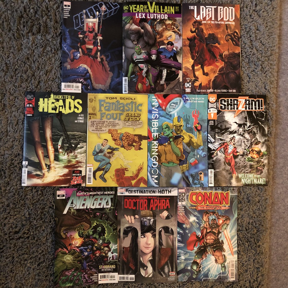 hawk80_steven's tweet photo. Itโs #NewComicBookDay! Still waiting for this weekโs but last weeks finally arrived. #Deadpool #ActionComics #LastGod #BasketfulOfHeads #FantasticFourGrandDesign #InvisibleKingdom #Shazam #Avengers #DoctorAphra & #Conan2099 https://t.co/iteYU5QguH