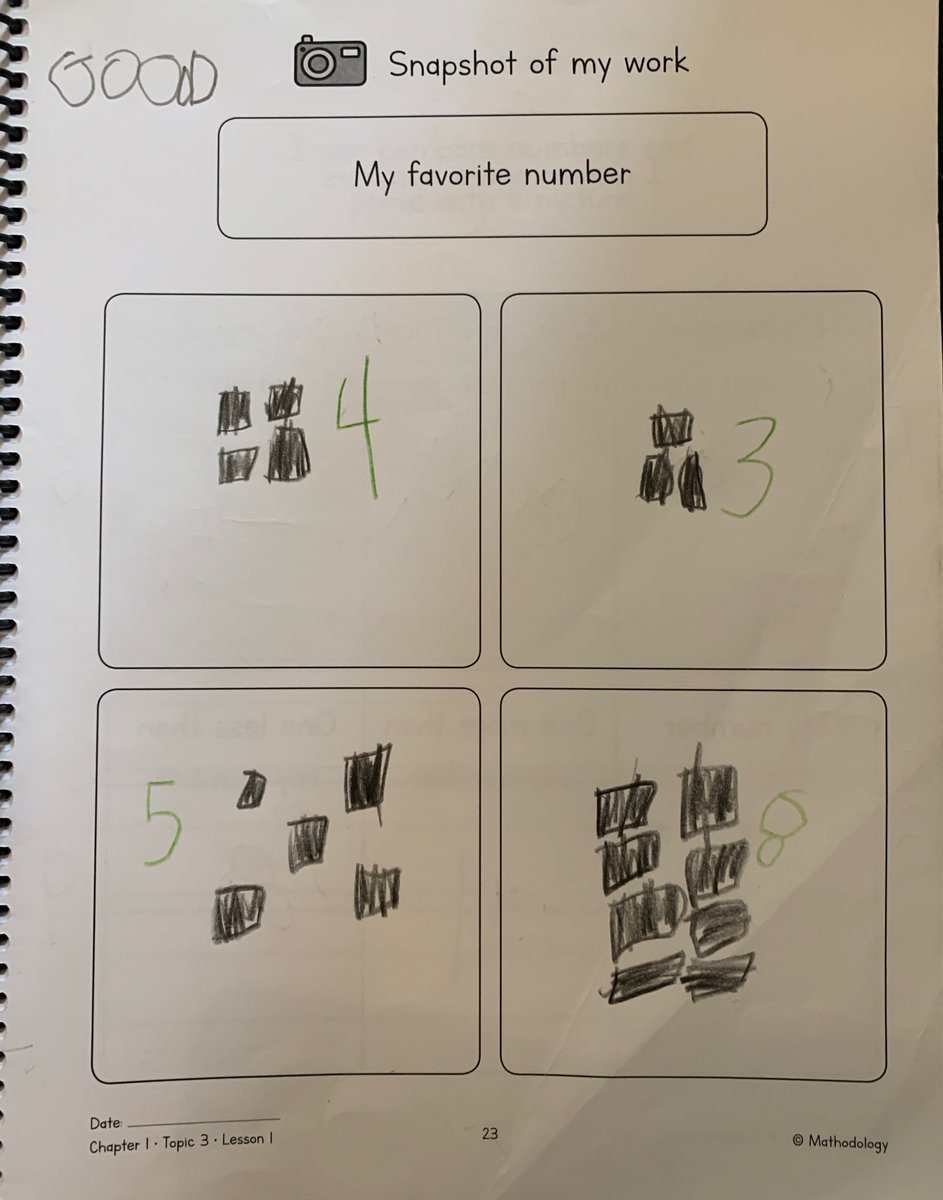 Mathodology's tweet image. Love the way these Kindergarten teachers are assessing student growth through journaling.  Students use their think!Pads to record a favorite number at the beginning of their work with counting and a few weeks later check back in to measure growth #DevelopingRoots #Mathodology