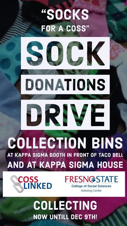 Remember to donate socks st the KSig booth on campus from 10am - 1pm this week! Or you can easily stop by the KSig House to donate!!!
#socksforaCOSS #COSSforacause #KSig #ΑΕΚΔΒ #donate #fresnostate