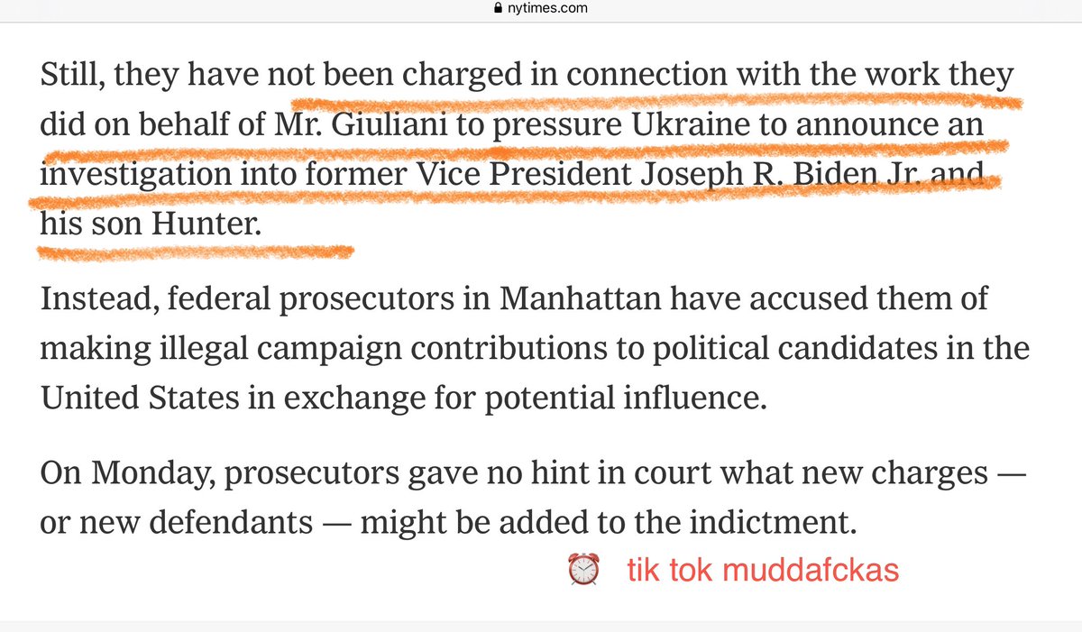 “Still, they have not been charged in connection with the work they did on behalf of Mr. Giuliani to pressure Ukraine to announce an investigation into former Vice President Joseph R. Biden Jr. and his son Hunter.”Not yet, anyway.