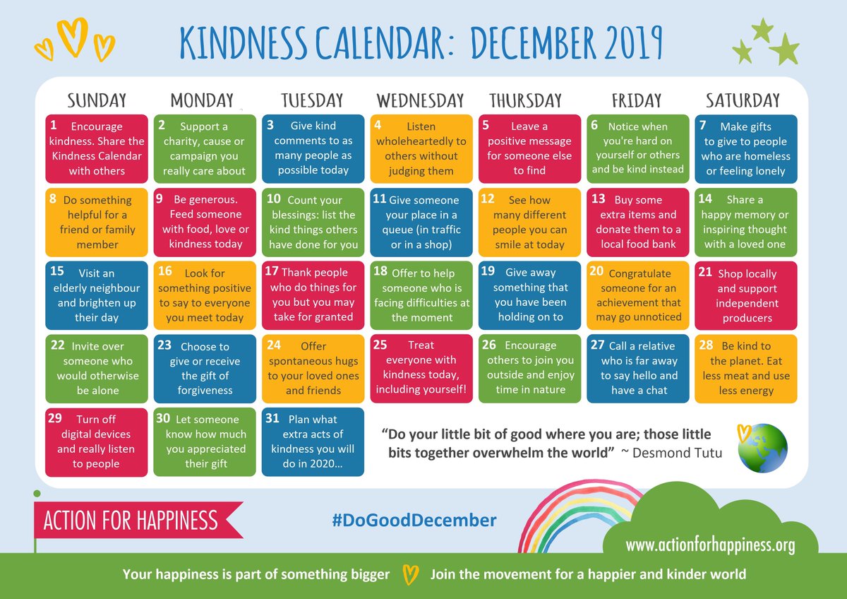 Instead of focusing on the hustle and bustle, let’s focus on kindness.  I’m one day late, but I’m all in. Start with ❤️ #KindnessMatters #kindnesscalendar actionforhappiness.org/media/822622/d…