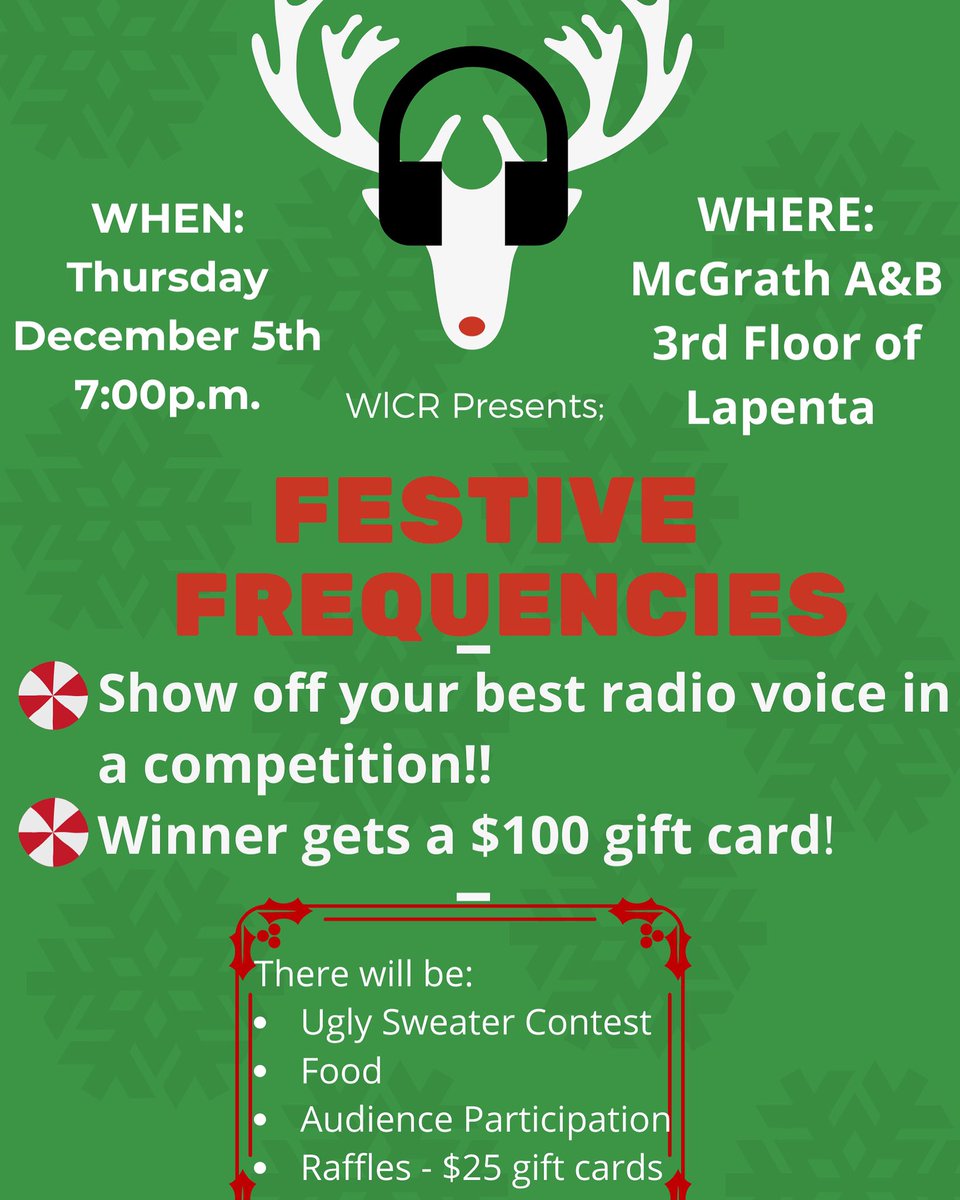 WICR presents ...FESTIVE FREQUENCIES! Our awesome winter event!! Come cheer on your friends in the ULTIMATE radio voice competition!!! Retweet this and tell EVERYONE YOU KNOW!! It’s going to be AWESOME !🎅🏻🎄❤️