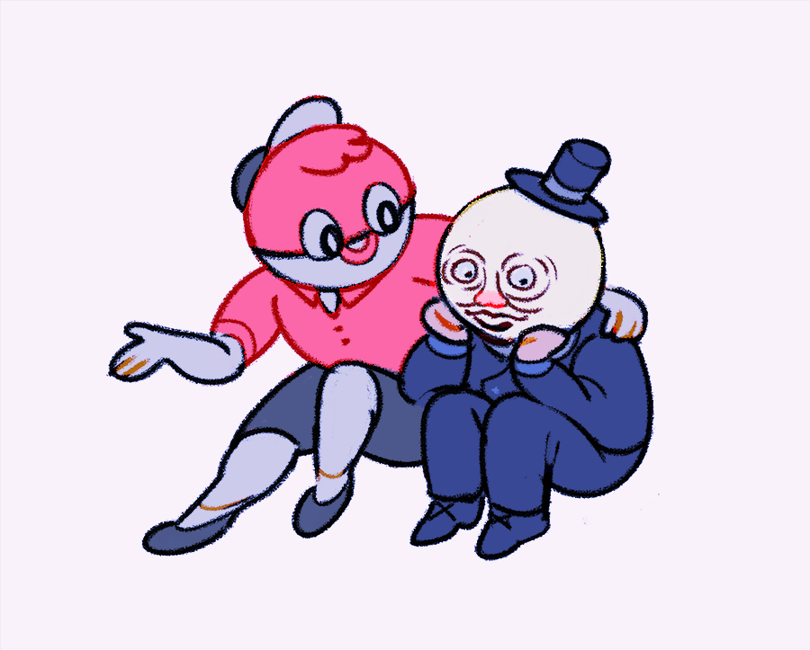 everydaylouie's tweet photo. quinne is playing outer worlds and im playing pokemon and i love the ball-headed corporate mascots https://t.co/GgMGj9lJUp